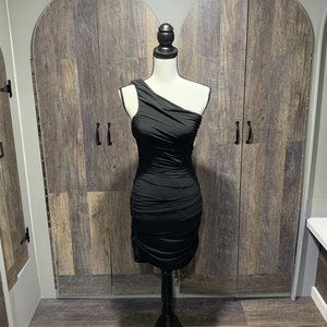 Armani Exchange one shoulder ruched black dress w/ side zipper detail Size 2